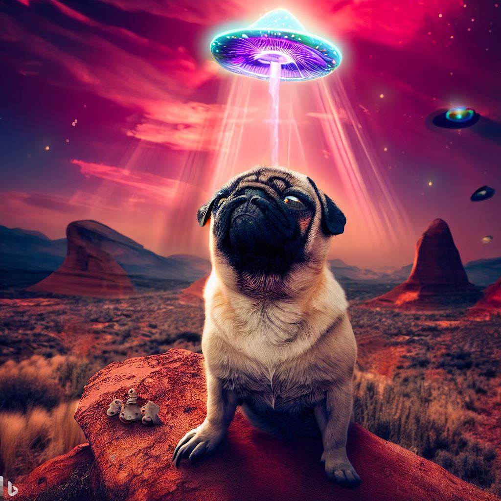 pug in the utah desert on mushrooms opening his third eye and being beamed up by aliens