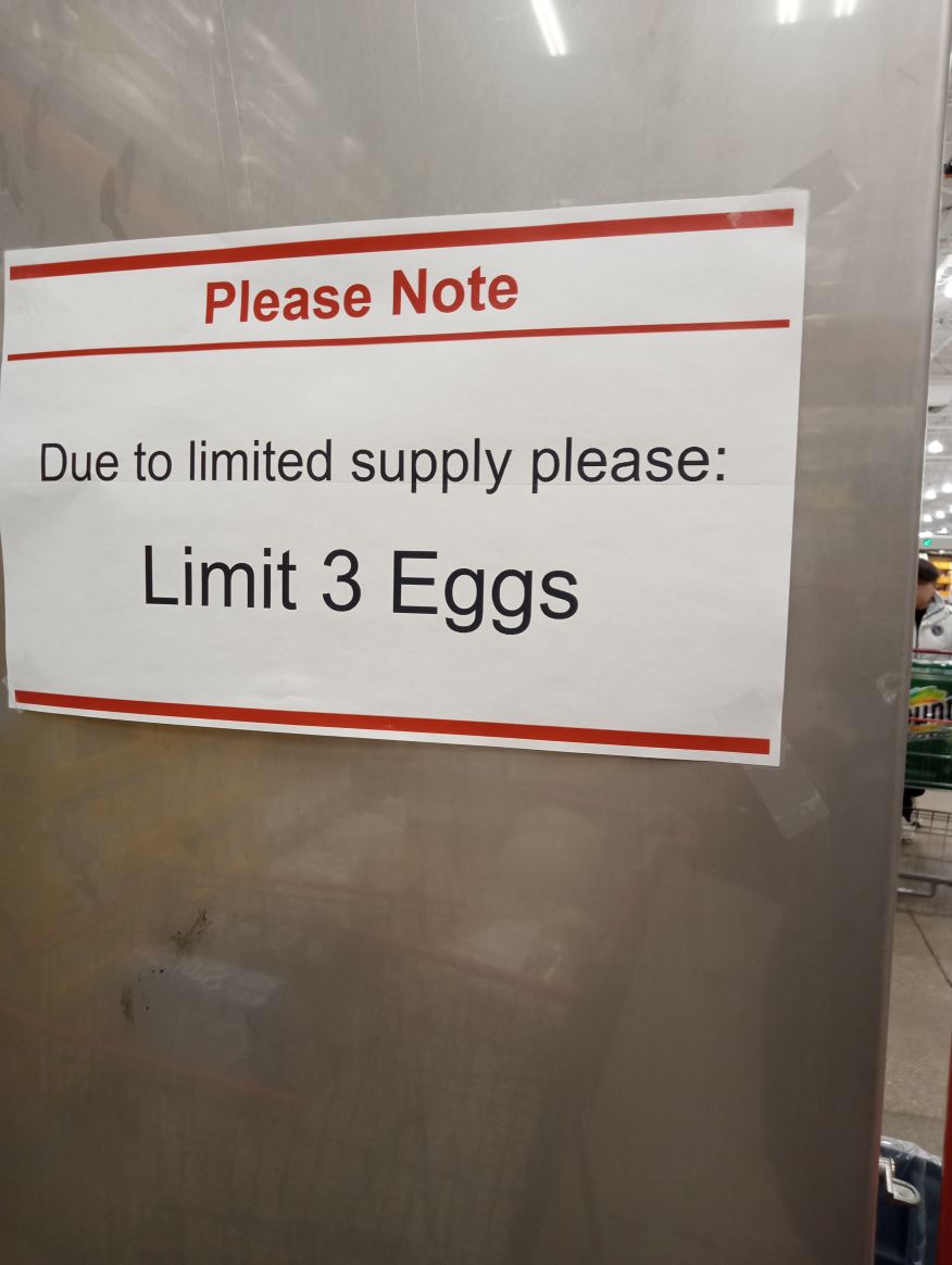 Image of sign saying Limit 3 Eggs