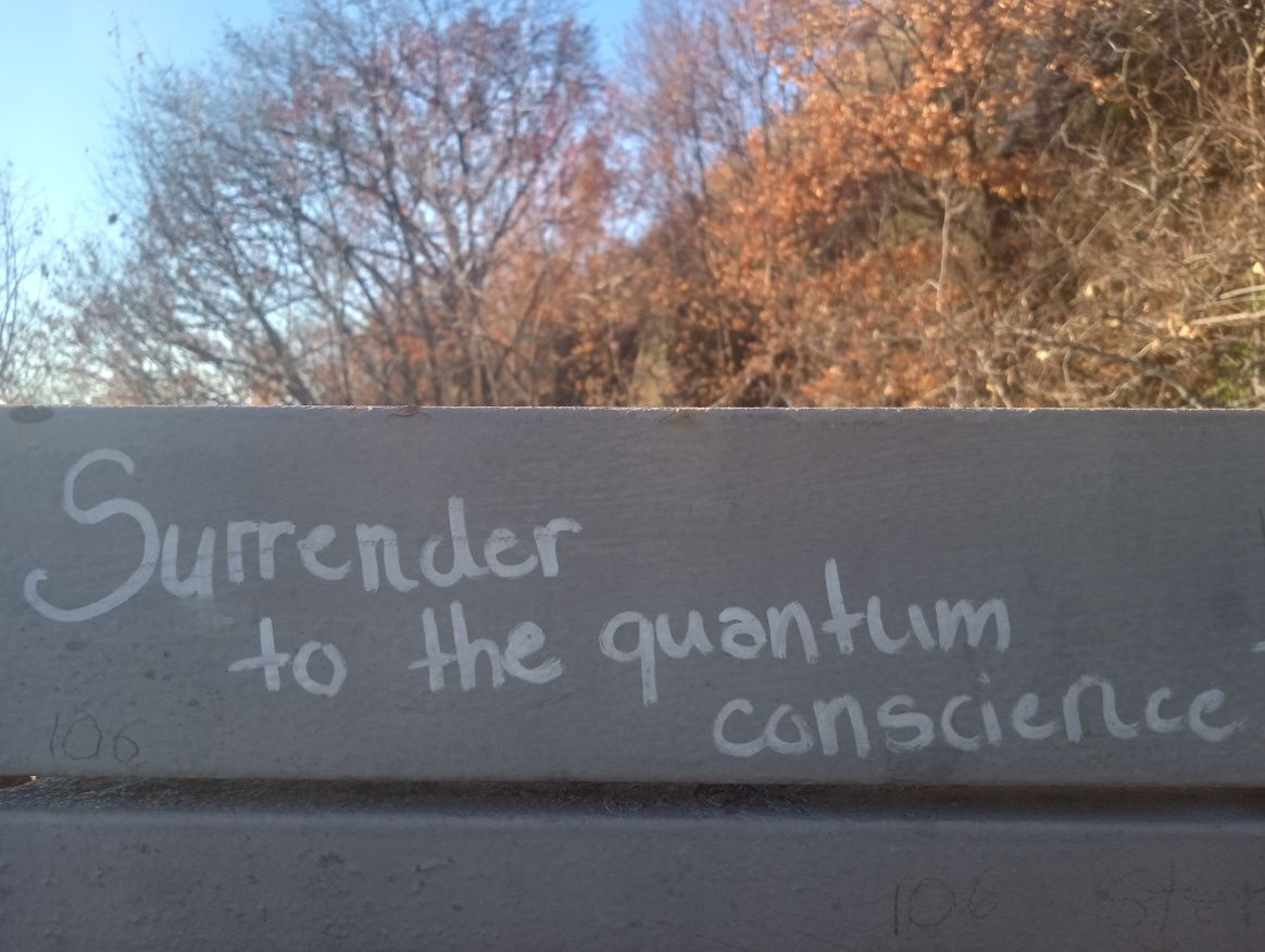 Writing on railing "surrender to the quantum conscience"