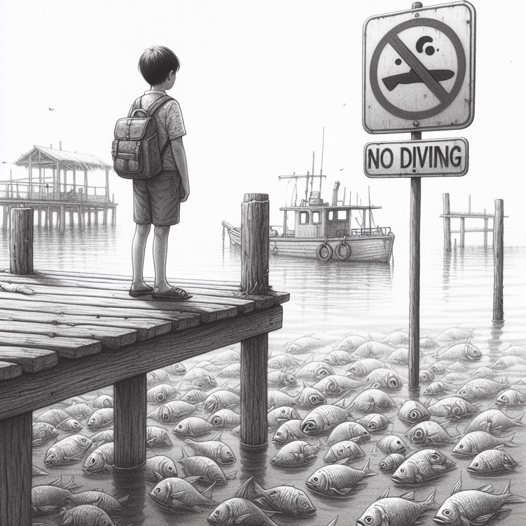 AI generated image of a boy standing on a pier looking at a sea of dead fish and a sign that says “No diving”