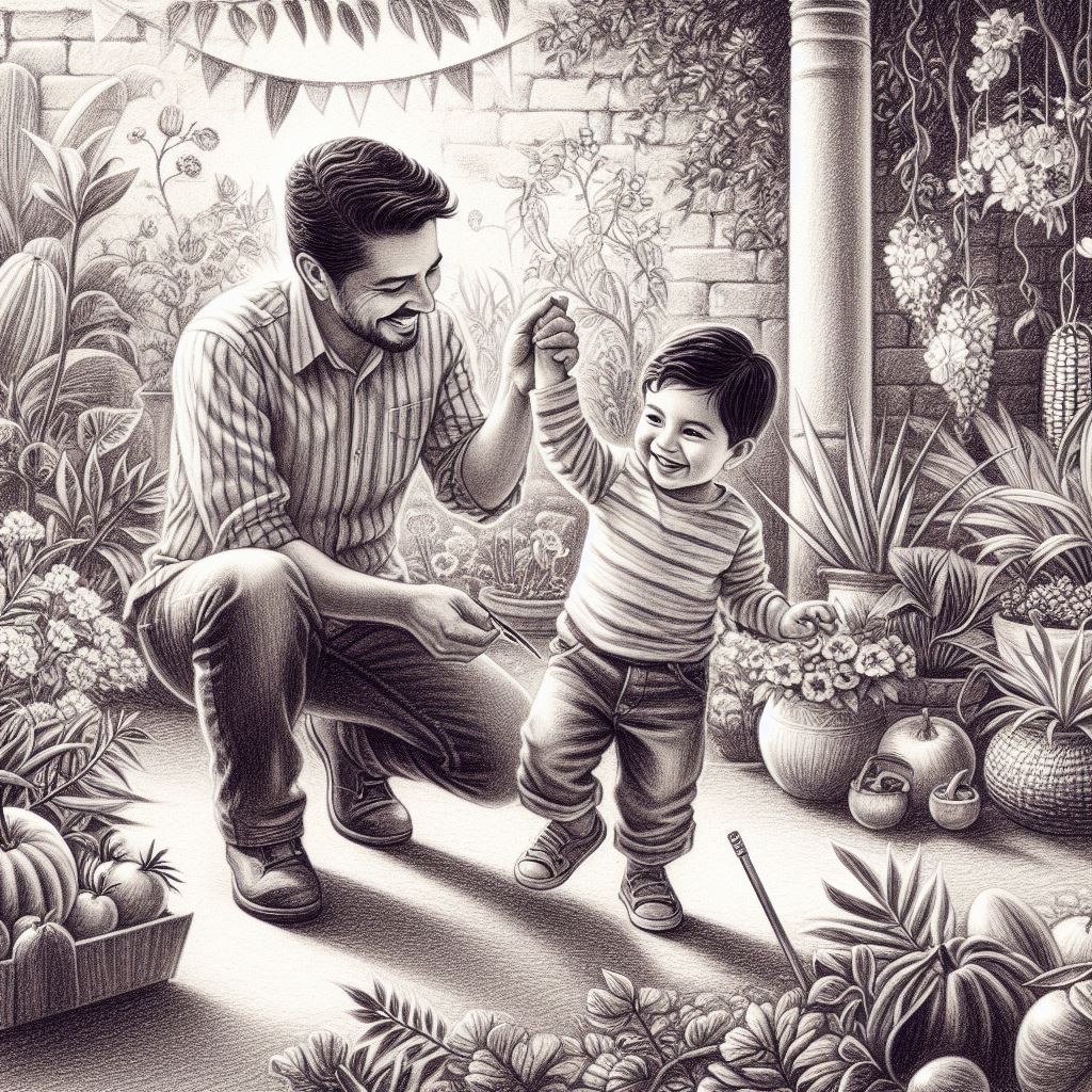 AI generated image of a father and a son playing in a garden with different plants and flowers”